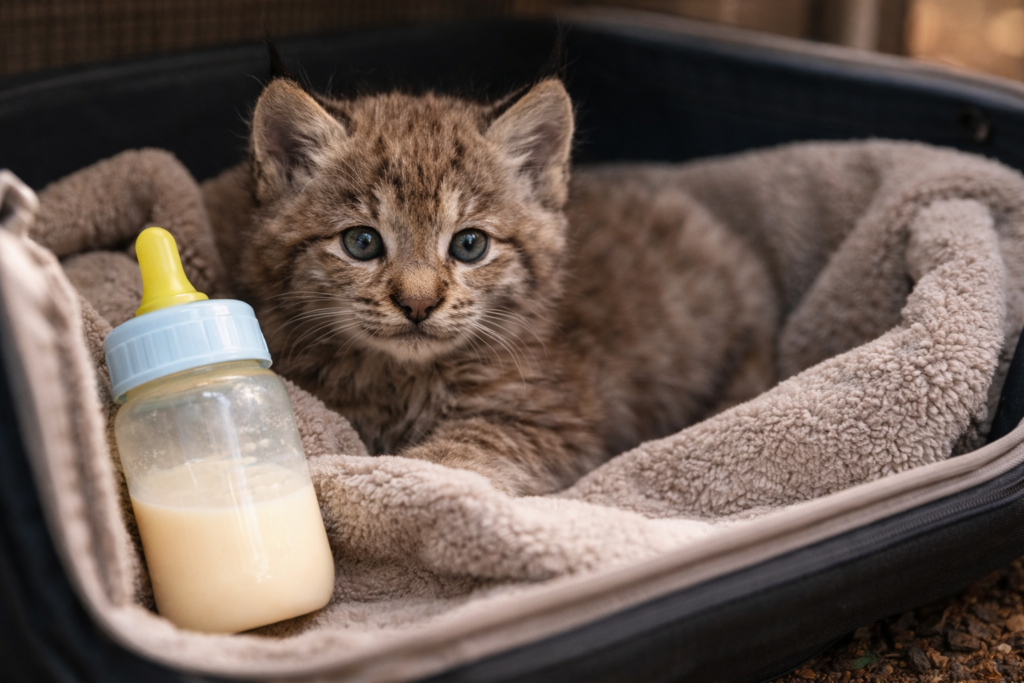 Young lynx kitten resting in a soft carrier with a milk bottle, receiving temporary care before wildlife rehabilitation.