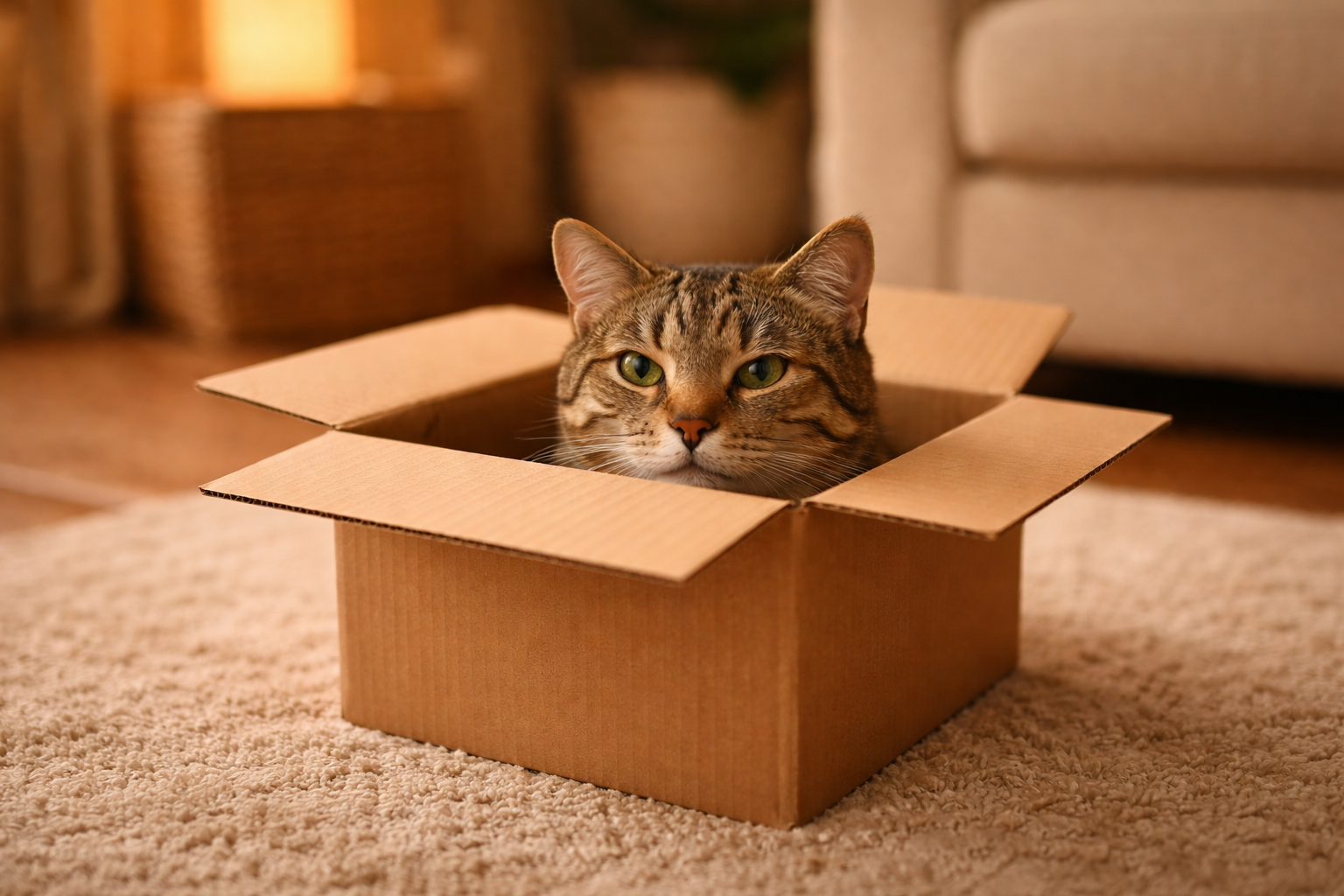 Cat sitting comfortably inside a cardboard box, showing curiosity and instinctive love for enclosed spaces.