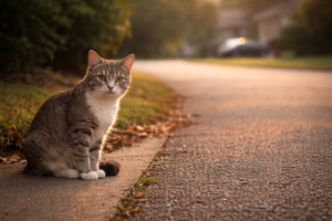 Stray cat sitting quietly at the edge of a driveway in the early morning light.