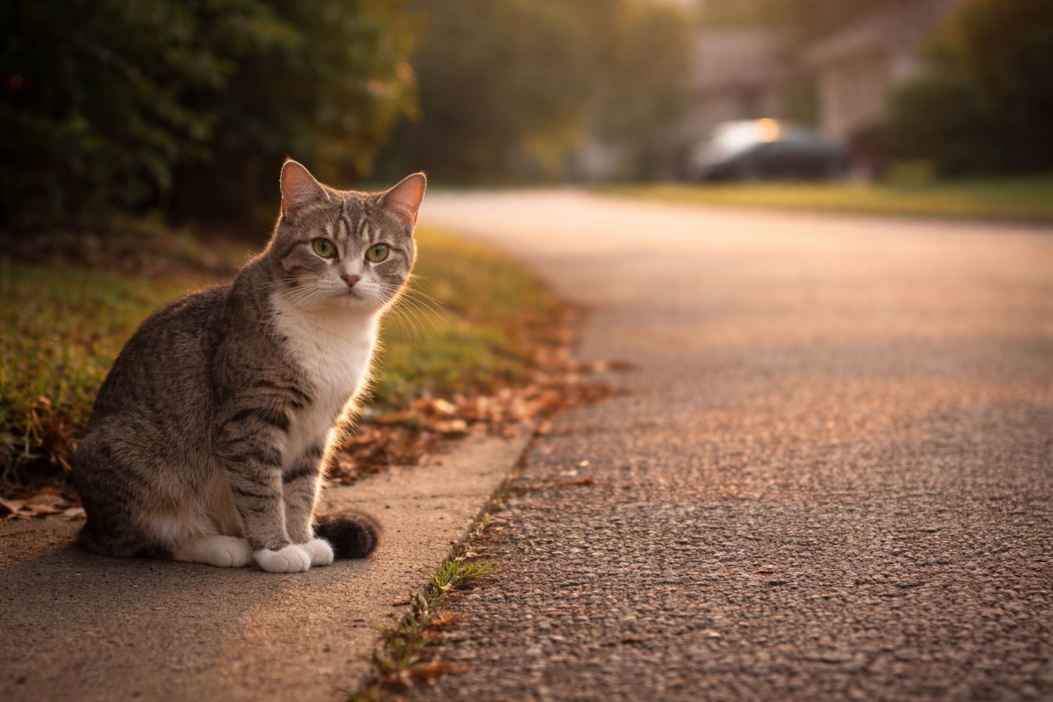 Stray cat sitting quietly at the edge of a driveway in the early morning light.