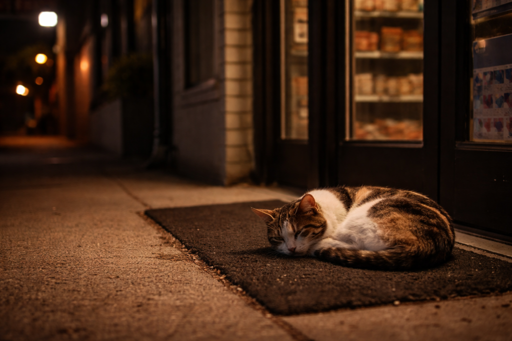 Stray calico cat sleeping outside a closed store under soft streetlights at night.