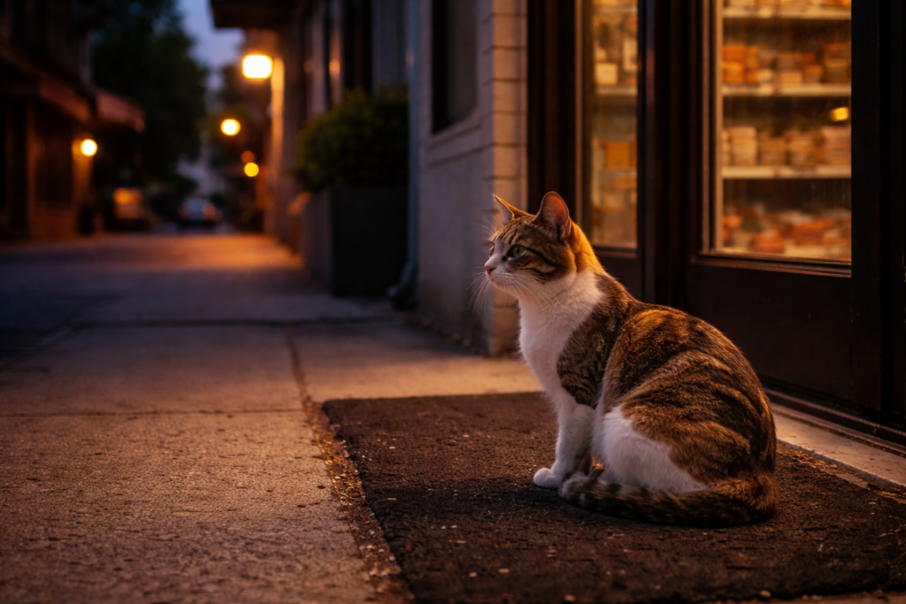 Calico cat sitting alert outside a store at dusk, watching the street quietly.