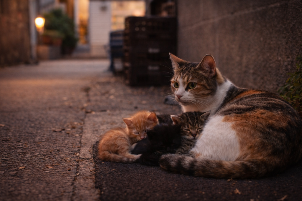 Calico mother cat protecting her kittens in a quiet alley near a store.