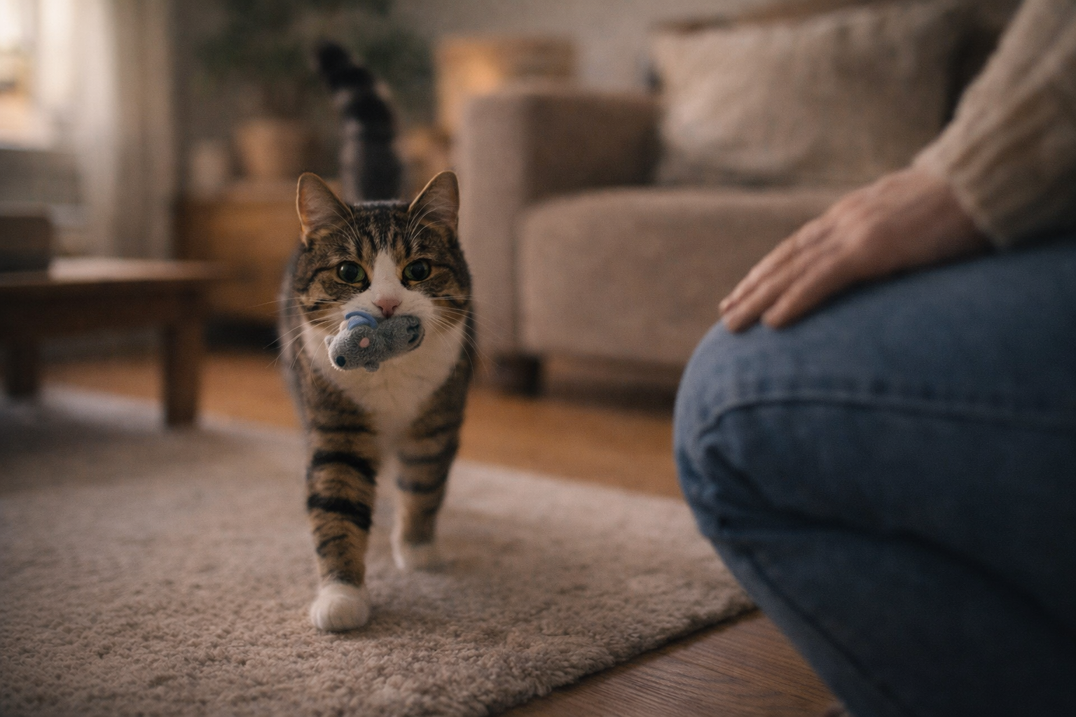 Cat carrying a toy toward their human as a gift, showing instinctive feline behavior and bonding.