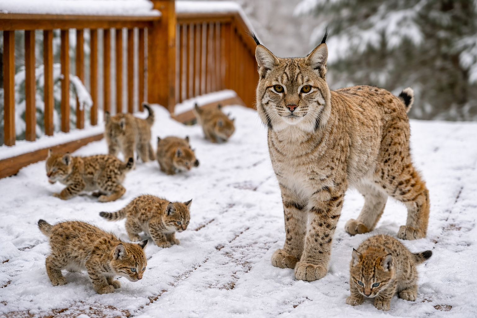 Lynx mother with her kittens exploring a snow-covered wooden deck.