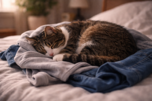 Cat sleeping on a pile of clothes, drawn by familiar scent and emotional comfort.