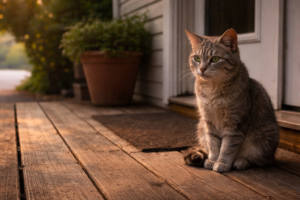 Elderly gray cat sitting alone on a porch, waiting quietly in the early morning light.
