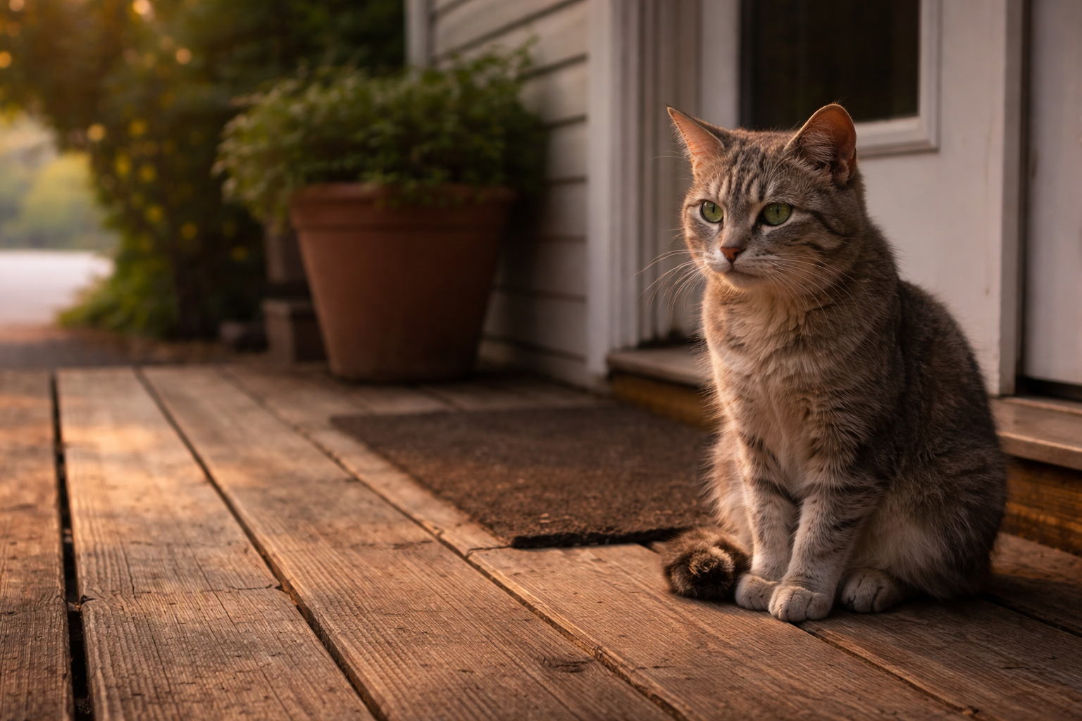 Elderly gray cat sitting alone on a porch, waiting quietly in the early morning light.