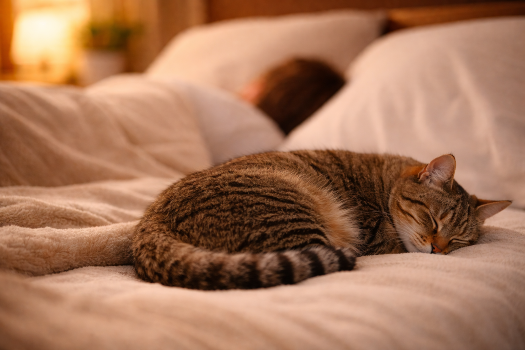 Cat sleeping with its back facing a human, showing comfort, relaxation, and trust.