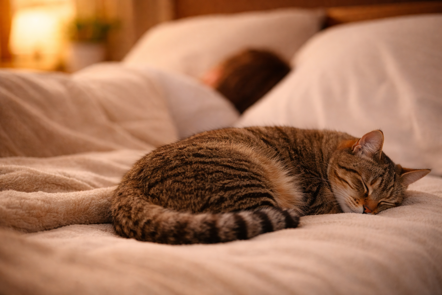 Cat sleeping with its back facing a human, showing comfort, relaxation, and trust.