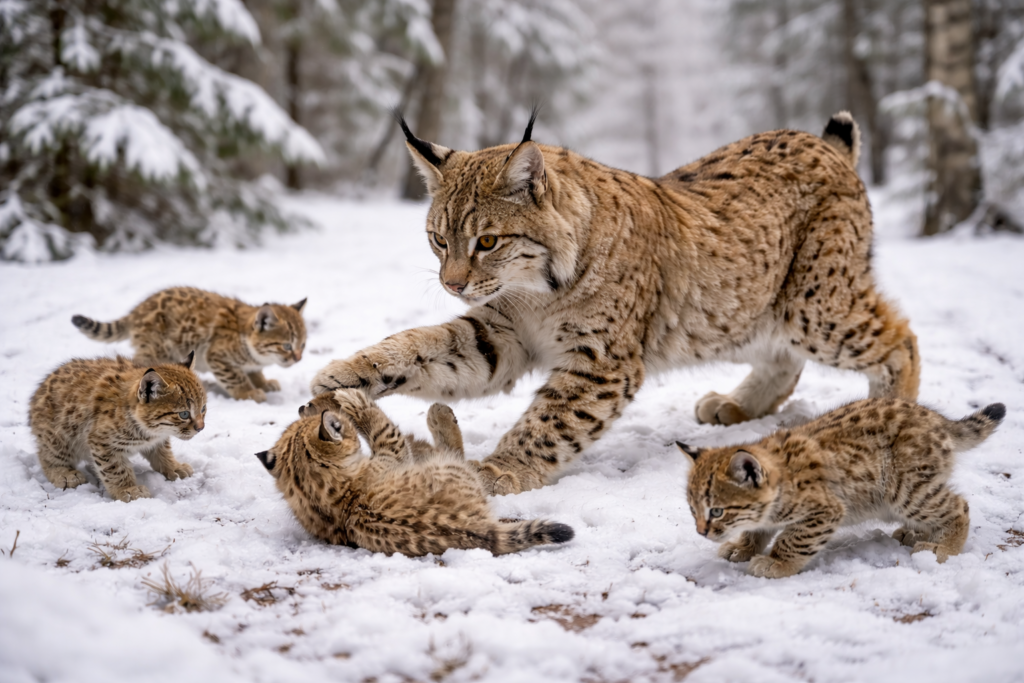 Lynx mother playing with her kittens on snow-covered ground.