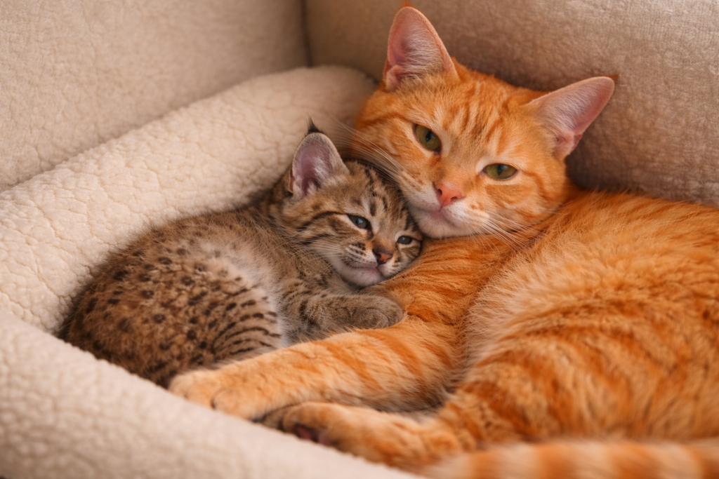 Calm orange cat patiently caring for a young wild kitten as a surrogate mother.