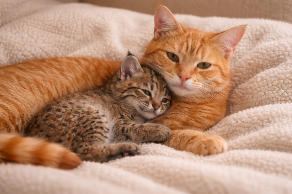 Gentle orange cat resting beside a young wild kitten before rehabilitation release.