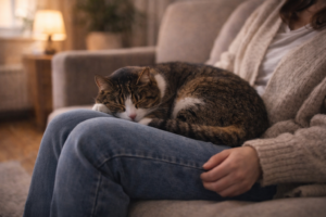 Cat sitting calmly on a person’s lap, offering comfort and emotional closeness.