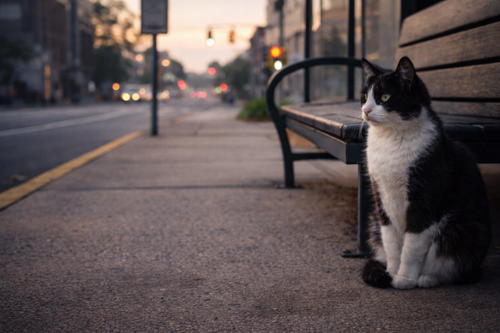 Stray cat sitting patiently near a bus stop bench in the early morning.