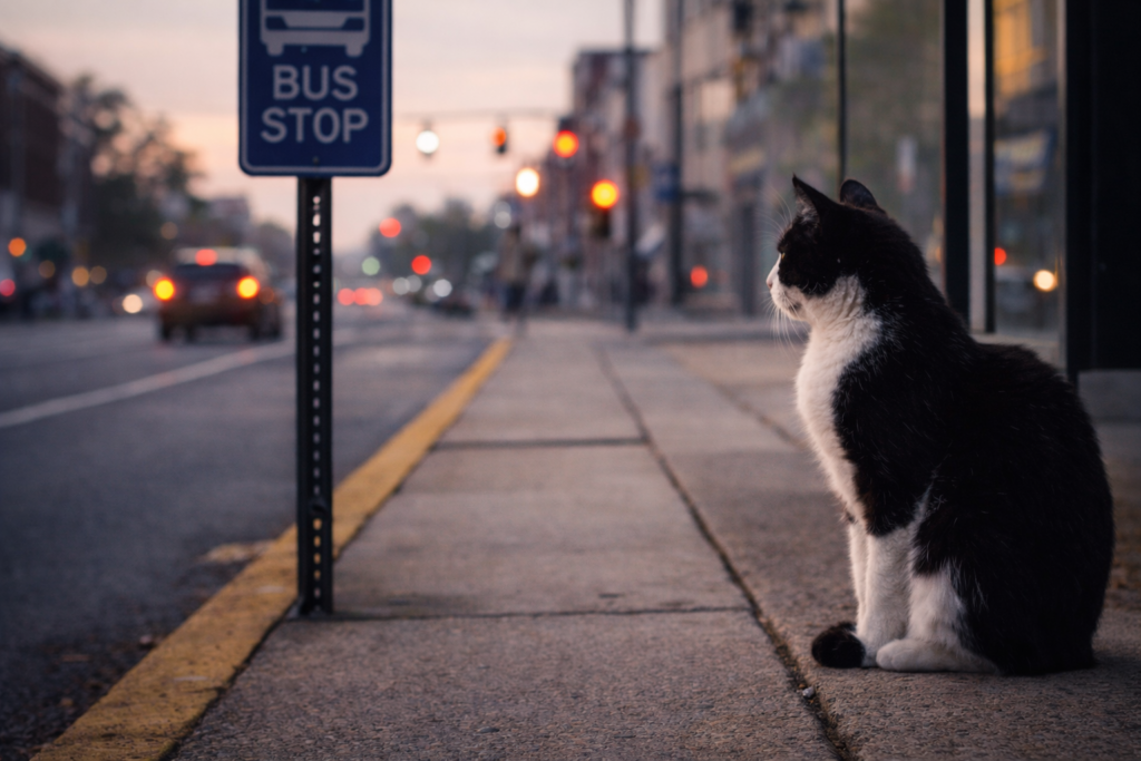 Cat sitting alert near a bus stop, watching traffic quietly.