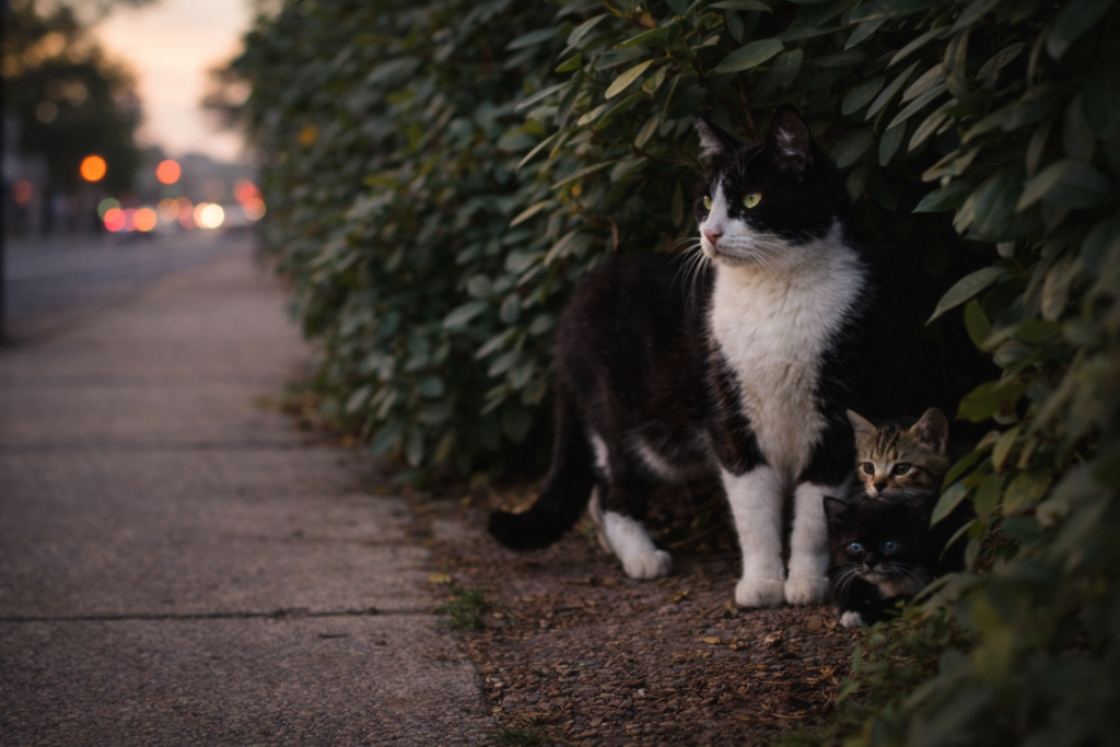 Stray mother cat protecting her kittens near a sidewalk.